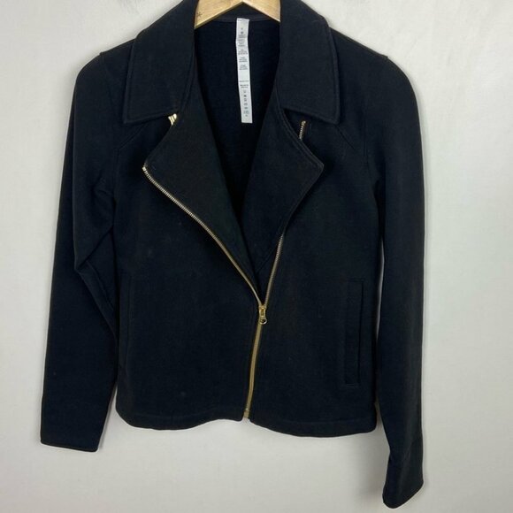 Lululemon Lab Black Moto Jacket Shadow Size 4 Rare Cotton Fleece Biker Gold Zip - Picture 12 of 14
